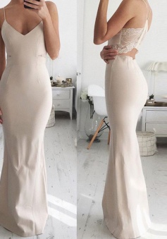 Mermaid Spaghetti Straps Floor-Length Open Back Ivory Stretch Satin Prom Dress