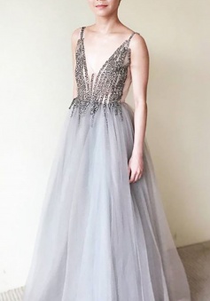 A-Line V-Neck Floor-Length Sleeveless Grey Tulle Prom Dress with Beading