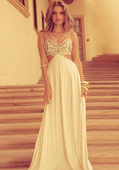 A-Line Spaghetti Straps Floor-Length Cut Out Ivory Chiffon Prom Dress with Embroidery