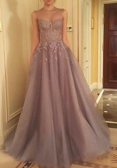 A-Line Jewel Sweep Train Light Grey Organza Prom Dress with Appliques Beading