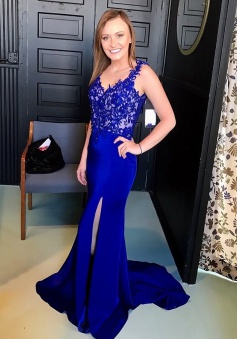 Mermaid Straps Open Back Royal Blue Stretch Satin Prom Dress with Appliques