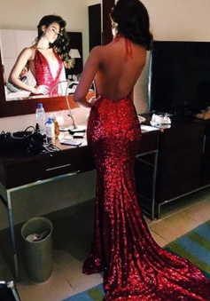 Mermaid Halter Sweep Train Sleeveless Backless Red Sequined Prom Dress