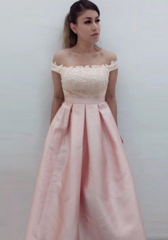 A-Line Off-the-Shoulder Sweep Train Pink Satin Prom Dress with Appliques