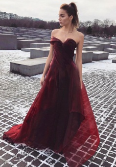 A-Line Sweetheart Sweep Train Burgundy Organza Prom Dress with Ruched