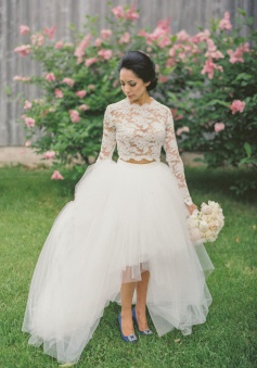 Fancy Two Piece Long Sleeves Hi-Low Organza Wedding Dress Lace Top