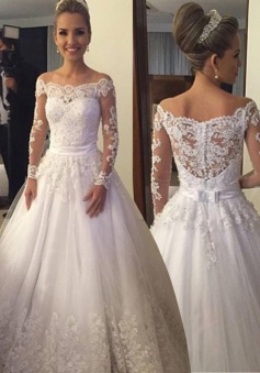 Dramatic Off Shoulder Long Sleeves Floor-Length Wedding Dress with Lace Top Beading