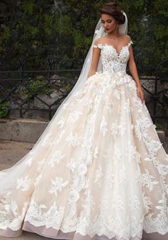 Glamorous Jewel Cap Sleeves Court Train Wedding Dress with Lace Top