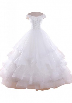 Crispy Off Shoulder Cap Sleeves Tiered Organza Wedding Dress