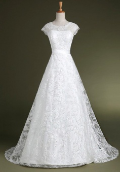 Decent Jewel Cap Sleeves Sweep Train Lace Wedding Dress with Sash Bow