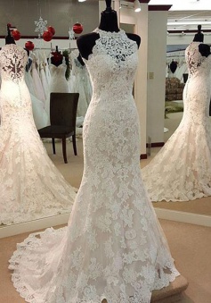 Simple Round Neck Sweep Train Lace Mermaid Wedding Dress