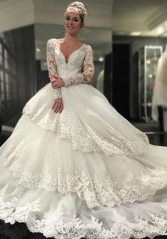 Decent V-neck Tiered Long Sleeves Wedding Dress with Appliques Lace Top Backless