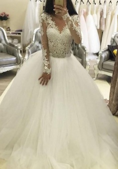 Trendy V-neck Long Sleeves Ball Gown Wedding Dress with Lace Top Beading Waist