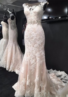 Elegant Bateau Sleeveless Court Train Mermaid Lace Wedding Dress