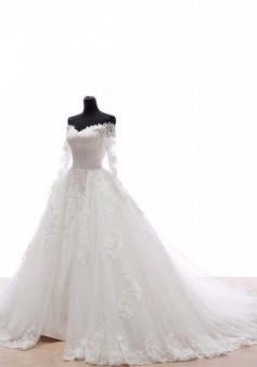 Fabulous Off Shoulder Court Train Long Sleeves Wedding Dress with Lace Appliques