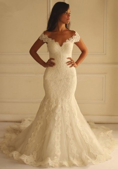 Special Off Shoulder Court Train Short Sleeves Mermaid Lace Wedding Dress with Appliques