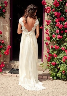 Glamorou V-neck Cap Sleeves Sweep Train Backless Wedding Dress with Lace Top Sash