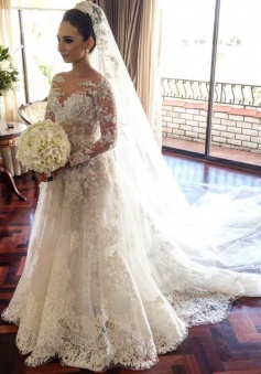 Glamorous Bateau Long Sleeves Court Train Lace Wedding Dress with Pearls