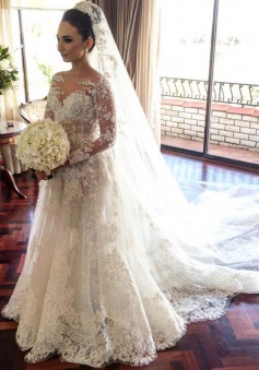 Glamorous Bateau Long Sleeves Court Train Lace Wedding Dress with Pearls