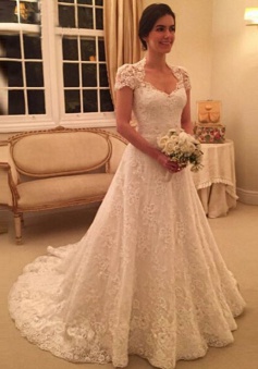 Delicate Scoop Short Sleeves Long Lace Wedding Dress Illusion Back