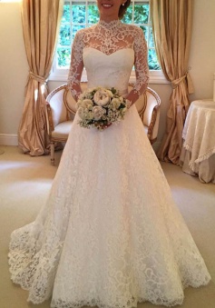 Stylish High Neck Long Sleeves Sweep Train Lace Wedding Dress with Bowknot Backless