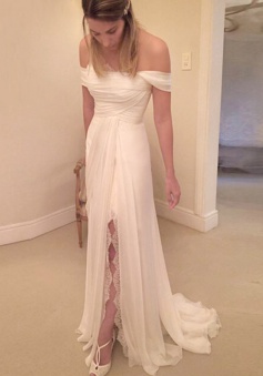 Simple Strapless Short Long Ruched Chiffon Wedding Dress with Lace Legslit