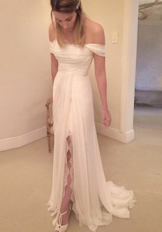 Simple Strapless Short Long Ruched Chiffon Wedding Dress with Lace Legslit