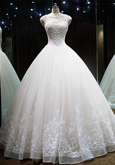 Glamorous Bateau Cap Sleeves Ball Gown Long Organza Wedding Dress with Beading Lace