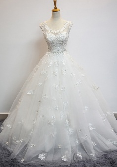 Delicate Scoop Cap Sleeves Floor-Lenth Wedding Dress with Beading Appliques