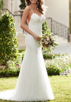 Stunning Mermaid Spaghetti Straps Sleeveless Backless Lace Top Wedding Dress