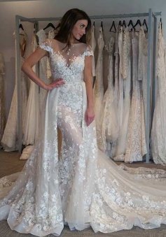 Glamorous Bateau Cap Sleeves Mermaid Lace Wedding Dress with Detachable Train