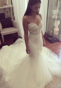 Nectarean Spaghetti Straps Mermaid Court Train Wedding Dress with Lace