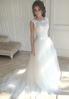 Decent Scalloped Sweep Train Open Back Wedding Dress With Lace Top