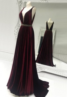 A-Line Deep V-Neck Sweep Train Backless Burgundy Stretch Satin Prom Dress with Beading