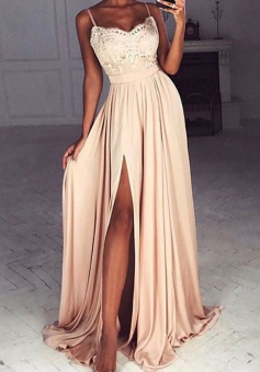 A-Line Spaghetti Straps Sweep Train Split-Side Champagne Chiffon Prom Dress with Appliques