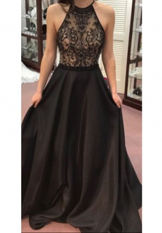 A-Line Halter Sweep Train Black Chiffon Prom Dress with Appliques Beading