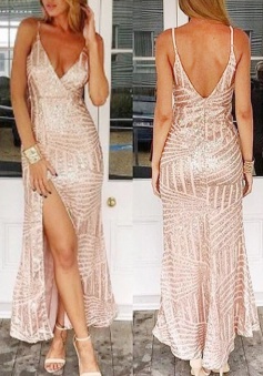 Sheath Deep V-Neck Floor-Length Sleeveless Backless Pink Sequined Prom Dress