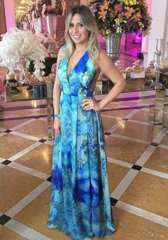 A-Line V-Neck Floor-Length Print Backless Blue Chiffon Prom Dress