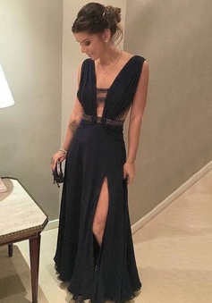 Sheath V-Neck Keyhole Cut Out Split-Side Black Chiffon Prom Dress with Beading