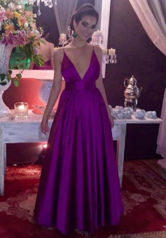 A-Line Deep V-Neck Floor-Length Backless Grape Stretch Satin Prom Dress