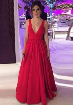 A-Line Deep V-Neck Floor-Length Backless Red Satin Prom Dress with Bowknot