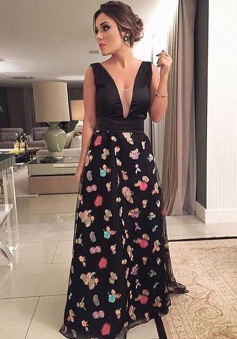 A-Line V-Neck Sweep Train Print Backless Black Chiffon Prom Dress