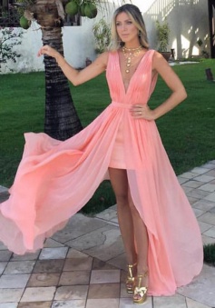 A-Line Deep V-Neck Sweep Train Split-Front Coral Chiffon Prom Dress