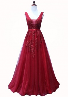 A-Line V-Neck Sweep Train Dark Red Tulle Prom Dress with Appliques Beading