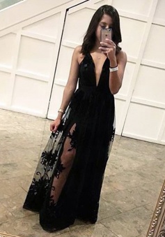 Sheath Deep V-Neck Floor-Length Criss-Cross Straps Black Tulle Prom Dress with Appliques