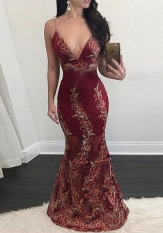 Mermaid Deep V-Neck Floor-Length Backless Burgundy Stretch Satin Prom Dress with Appliques