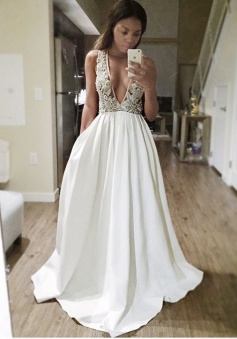 A-Line Deep V-Neck Sweep Train Backless Ivory Satin Prom Dress with Appliques Beading