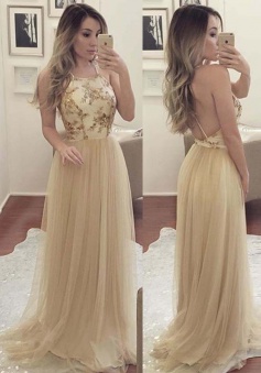 A-Line Halter Sweep Train Criss-Cross Straps Champagne Tulle Prom Dress