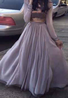 Two Piece  Bateau Floor-Length Long Sleeves Grey Stretch Satin Prom Dress with Sequins
