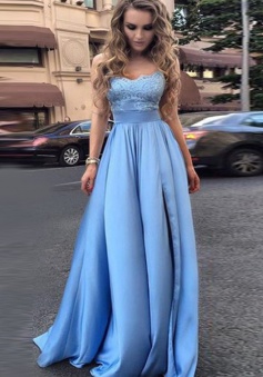 A-Line Spaghetti Straps Sleeveless Sweep Train Blue Satin Prom Dress with Appliques