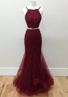 Two Piece Halter Floor-Length Burgundy Tulle Prom/Evening Dress with Beading